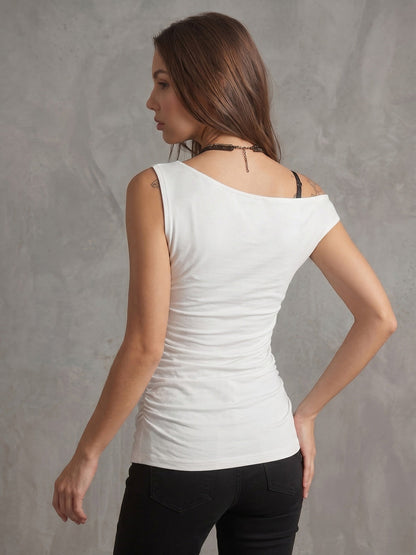 Sleeveless Asymmetric Hollow Pleated Solid Color One-shoulder T-Shirts Tops