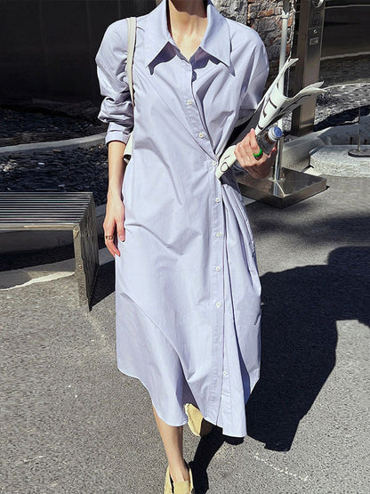 Long Sleeves Loose Asymmetric Solid Color Lapel Shirt Dress