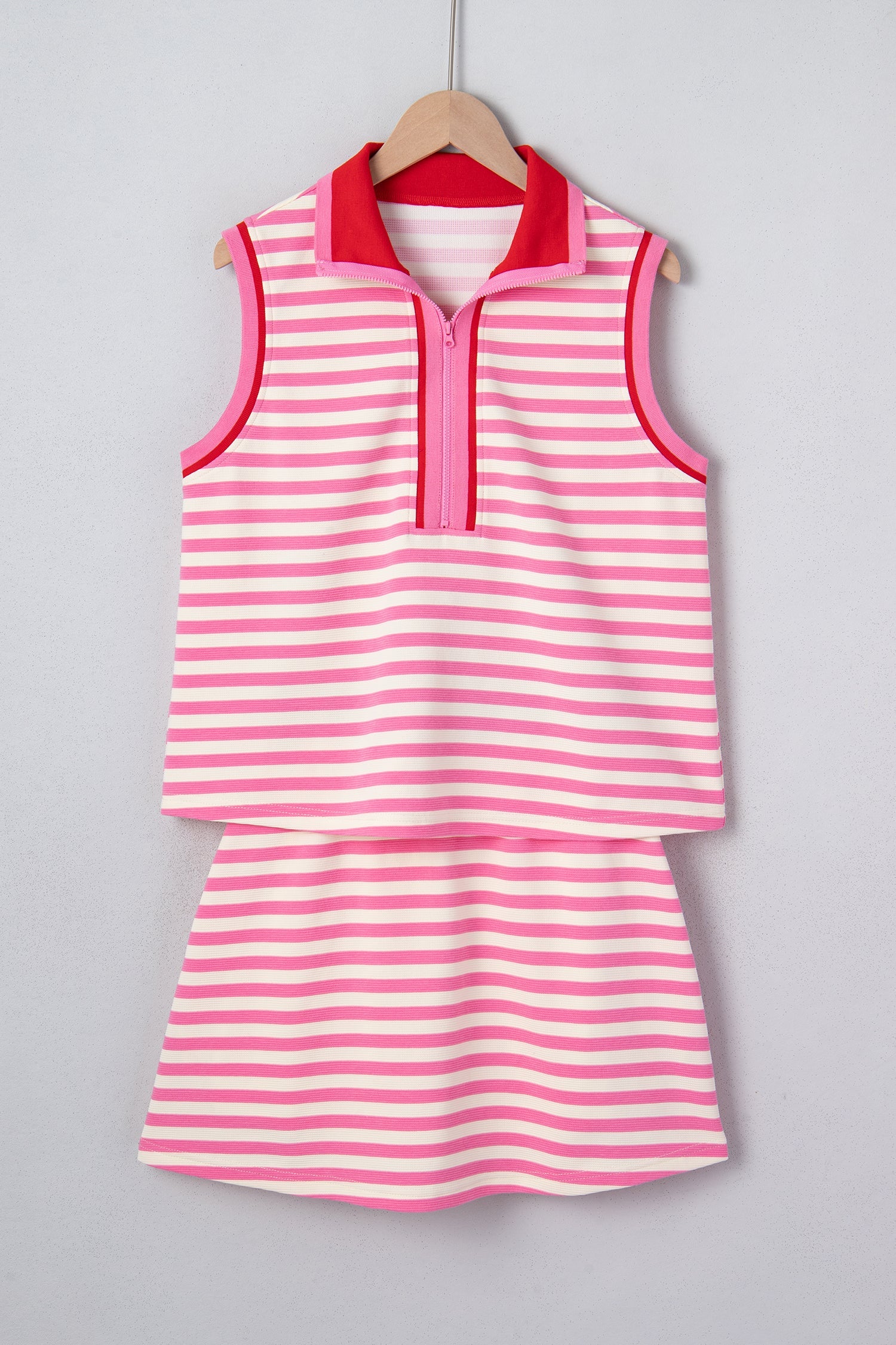 Dark Blue Textured Stripe Print Contrast Trim Zip Collar Sleeveless 2pcs Skort Set