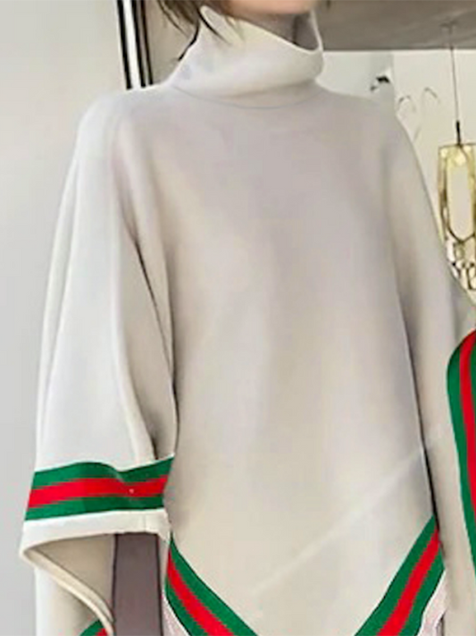 Irregular Clipping Loose Asymmetric Striped High Neck Sweater Tops