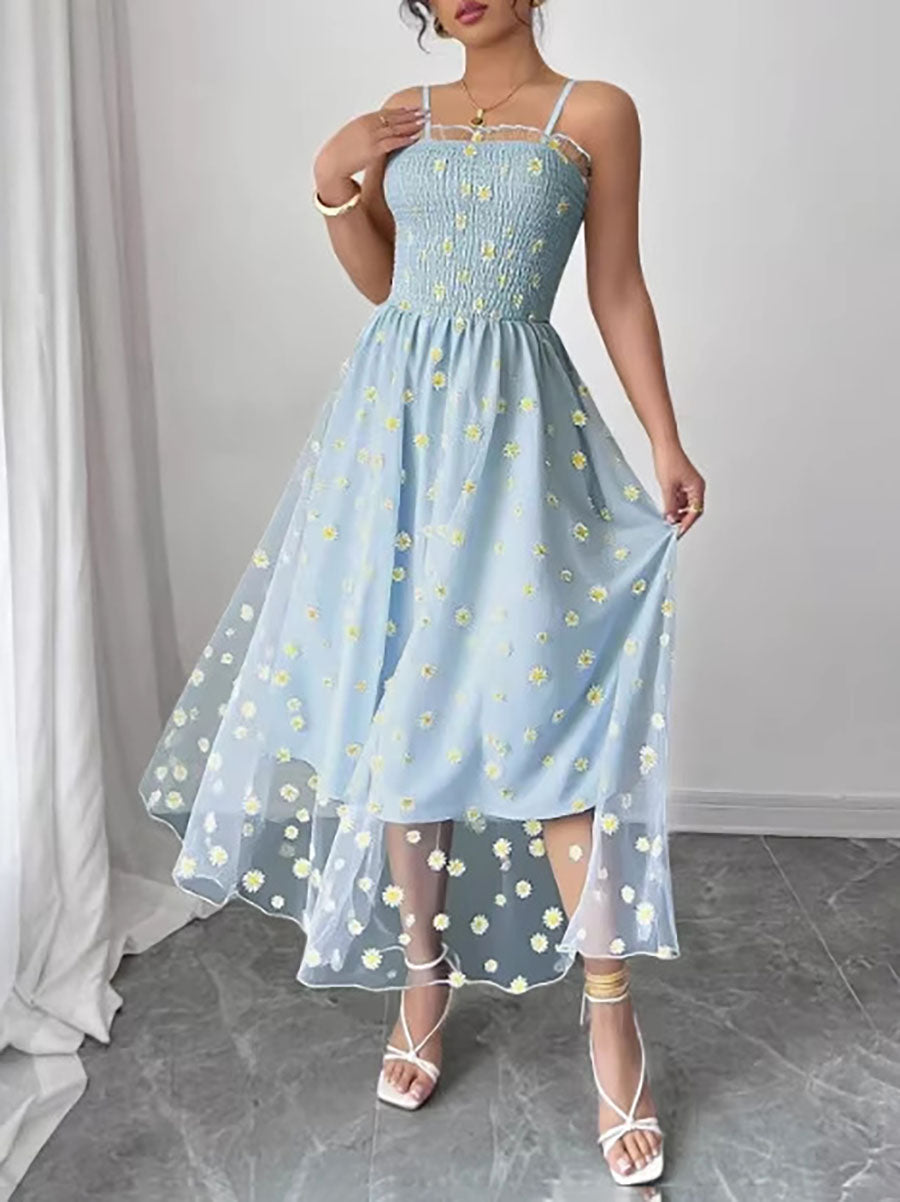 High Waisted Sleeveless Flower Print Layered Pleated Spaghetti-Neck Midi Dresses