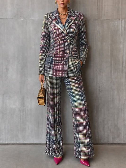 Contrast Color Plaid Notched Collar Long Sleeves Buttoned Blazer Outerwear + Pockets High Waisted Pants Trousers Two Pieces Set