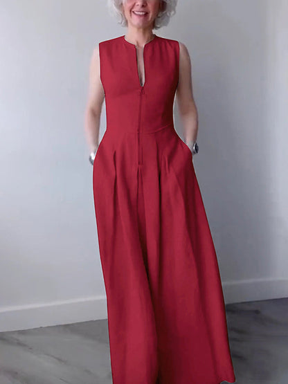 Robe longue trapèze ample à poches plissées, fermeture éclair fendue et col rond 