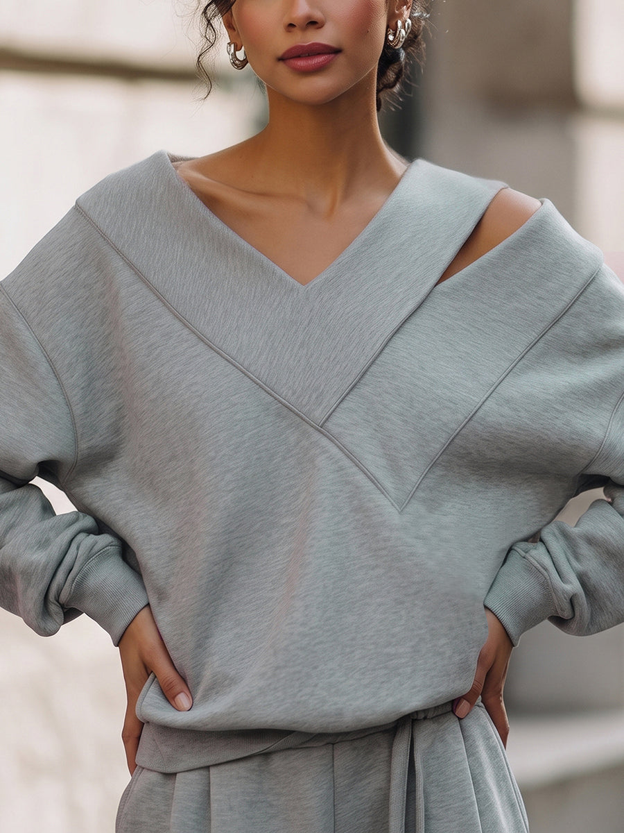 Split-Joint Solid Color Hollow Asymmetric Loose Long Sleeves Cold shoulder Sweatshirt Tops
