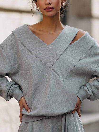 Split-Joint Solid Color Hollow Asymmetric Loose Long Sleeves Cold shoulder Sweatshirt Tops