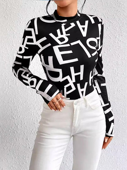 Long Sleeves Skinny Letter Print Split-Joint Mock Neck T-Shirts Tops