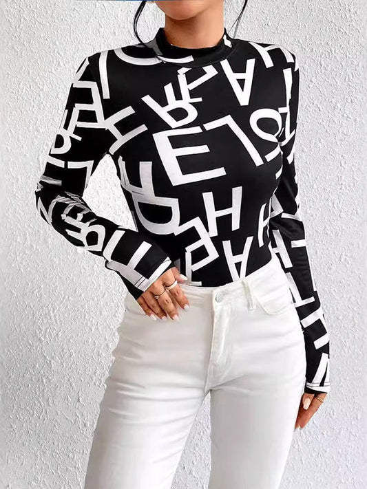 Long Sleeves Skinny Letter Print Split-Joint Mock Neck T-Shirts Tops