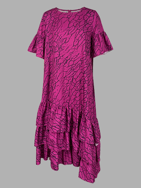 Robes longues à manches évasées, manches mi-longues, asymétriques, plissées, imprimées, à volants, col rond 