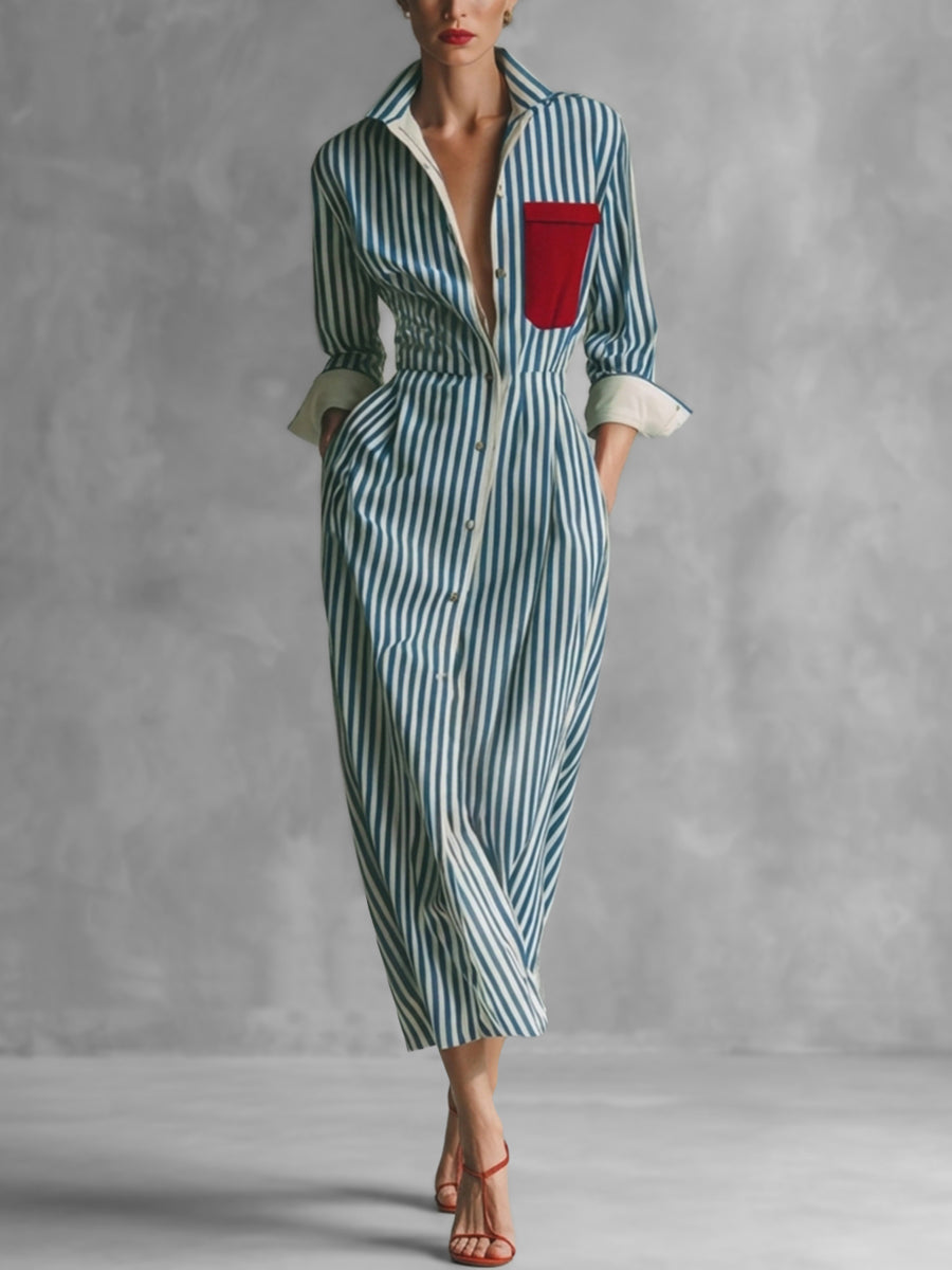High Waisted Long Sleeves Buttoned Contrast Color Pockets Split-Joint Striped Lapel Midi Dresses