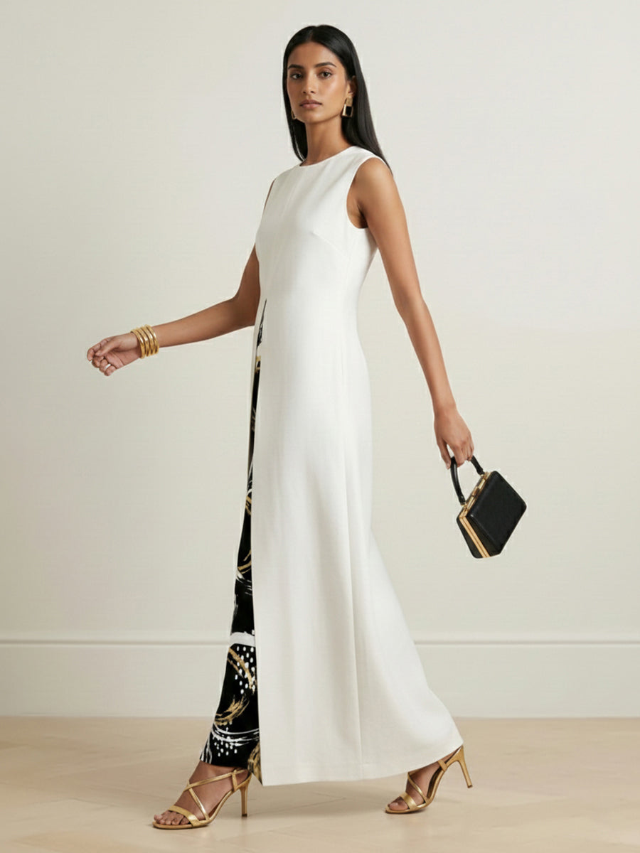A-Line Long Sleeves Contrast Color Printed Split-Front Split-Joint Round-Neck Maxi Dresses