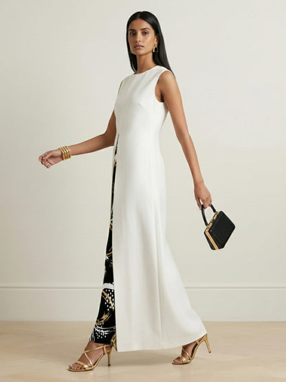 A-Line Long Sleeves Contrast Color Printed Split-Front Split-Joint Round-Neck Maxi Dresses