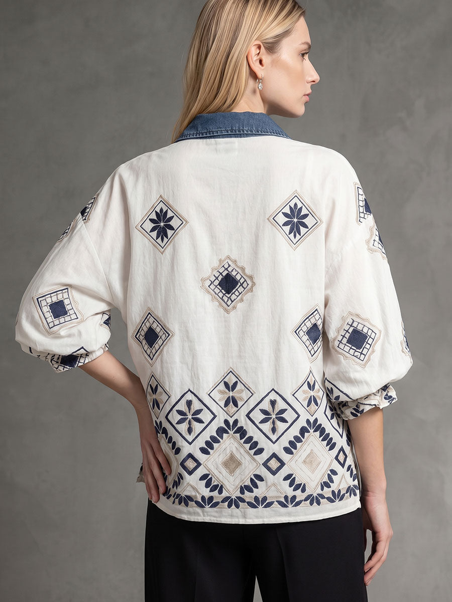 Half Sleeves Loose Buttoned Contrast Color Embroidered Leaves Print Lapel Blouses&Shirts Tops