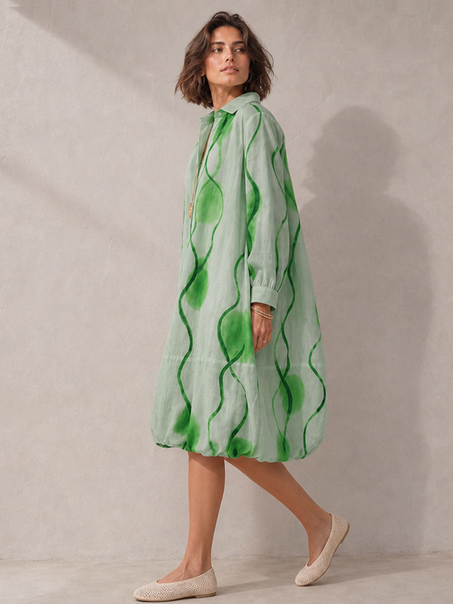Printed Pockets Elasticity Contrast Color Buttoned Loose Long Sleeves Lapel Midi Dresses
