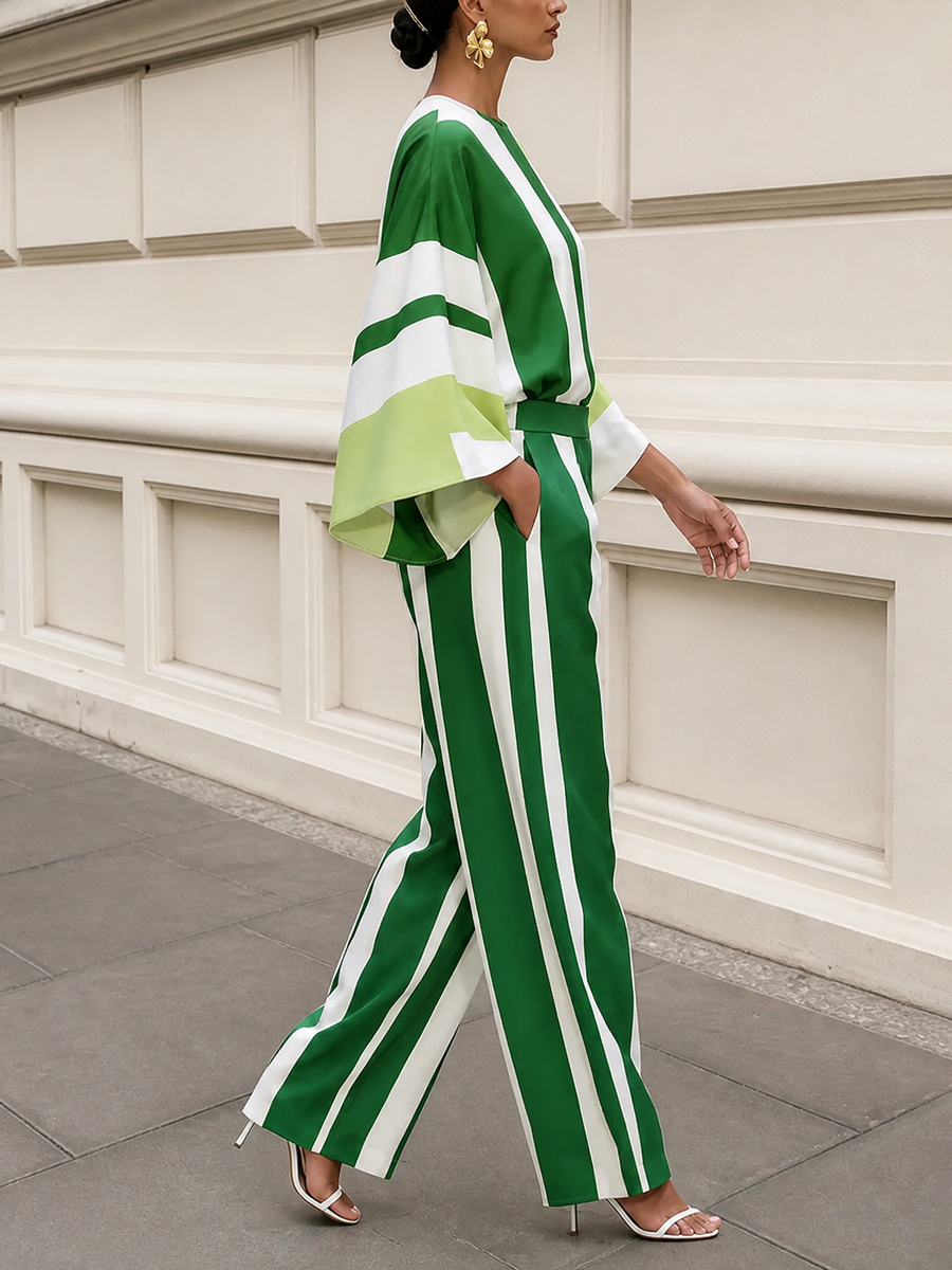 Striped Contrast Color Loose Long Sleeves Round-neck Blouses&shirts Tops