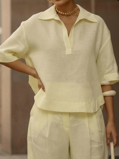 Solid Color Half Sleeves Lapel Blouses&Shirts Tops + High Waisted Pleated Trousers Pants Two Pieces Set