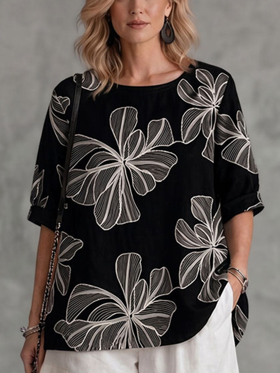 Long Sleeves Loose Contrast Color Embroidered Flower Print Round-neck T-Shirts Tops