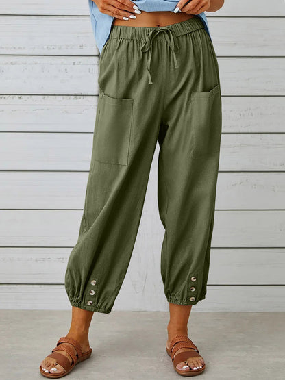 Solid Color Pockets Elasticity Drawstring Buttoned Plus Size High Waisted Trousers Ninth Pants