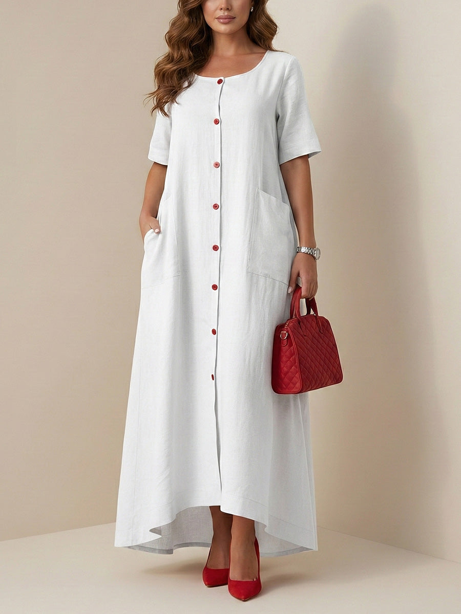 Column Loose Buttoned Contrast Color Pockets Split-Joint Square-Neck Maxi Dresses Shirt Dress