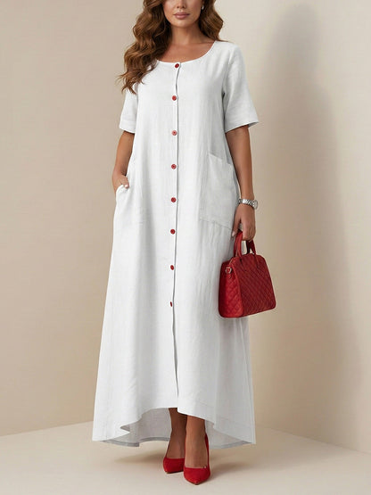 Column Loose Buttoned Contrast Color Pockets Split-Joint Square-Neck Maxi Dresses Shirt Dress