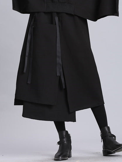 Raised Bands Split-Joint Asymmetric Black Empire Skirt