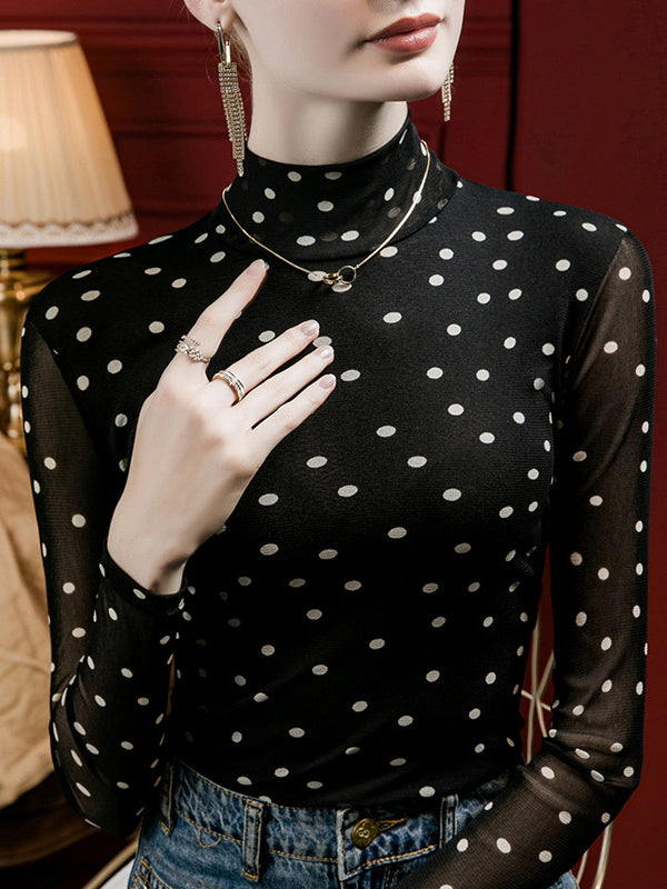 Long Sleeves Plus Size Polka-Dot Mock Neck T-Shirts Tops