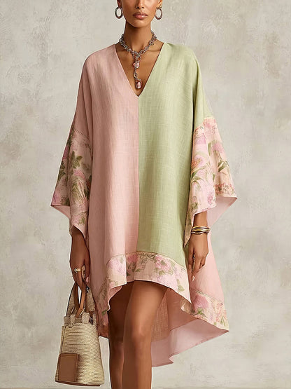 Split-Joint Flower Print Contrast Color Three-quarter Sleeves Loose V-neck Midi Dresses