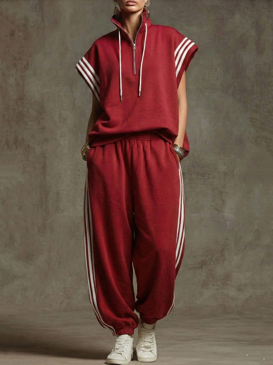 Ankle-Tied Loose Contrast Color Pleated Pockets Split-Joint Striped Pants Trousers