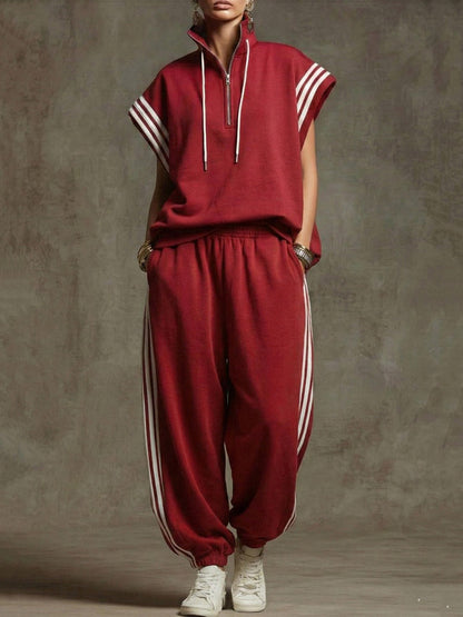Ankle-Tied Loose Contrast Color Pleated Pockets Split-Joint Striped Pants Trousers