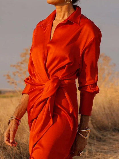 Long Sleeves Loose Solid Color Lapel Collar Maxi Shirt Dresses