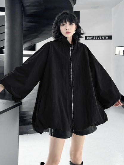 A-Line Long Sleeves Buttoned Solid Color Zipper Stand Collar Outerwear Windbreakers