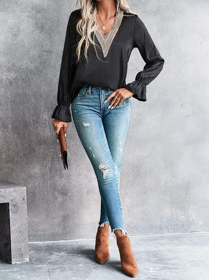 Long Sleeves Loose Elasticity Hollow Jacquard Leopard Split-Joint V-Neck Blouses&Shirts Tops