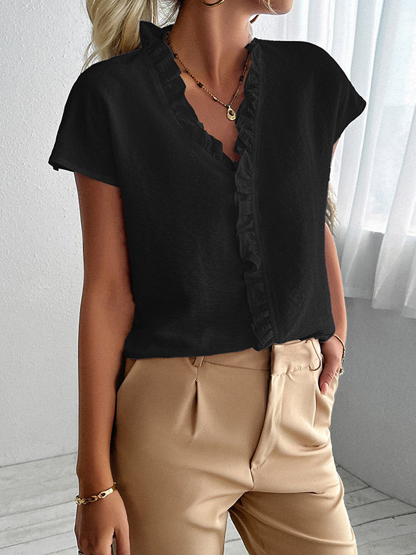 Loose Short Sleeves Ruffle Trim Solid Color V-Neck Blouses&Shirts Tops