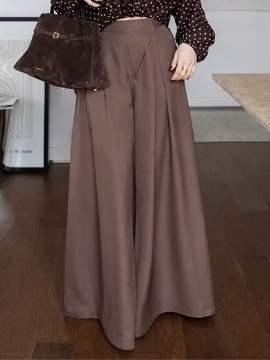 Solid Color Pockets Pleated Wide Leg High Waisted Trousers Pants