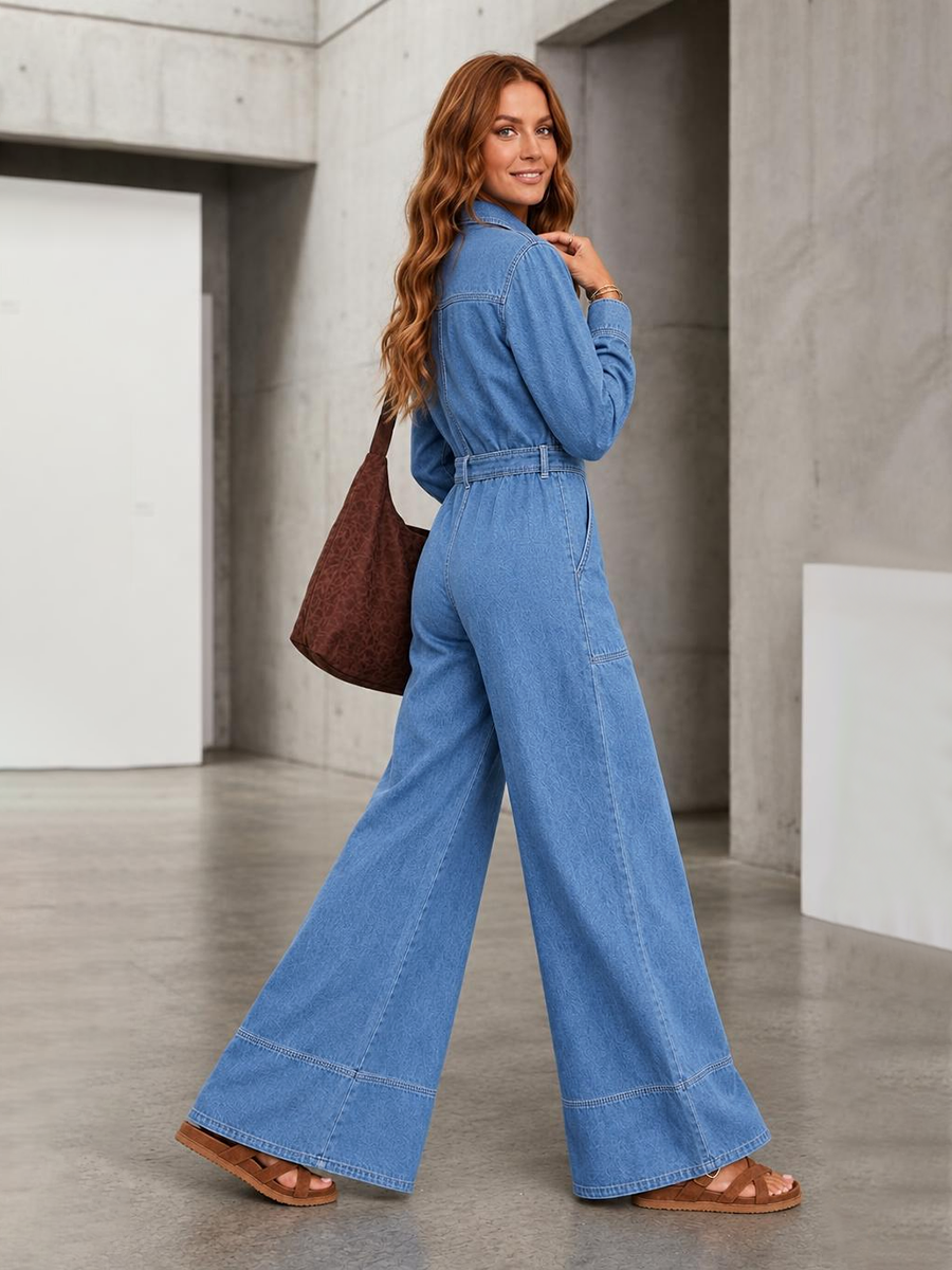 Split-Joint Solid Color Pockets Buttoned Belted Wide Leg Long Sleeves Lapel Jumpsuits