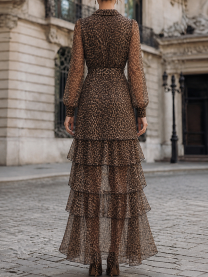 Split-Joint See-Through Ruffled Leopard Asymmetric Long Sleeves High-low V-neck Maxi Dresses