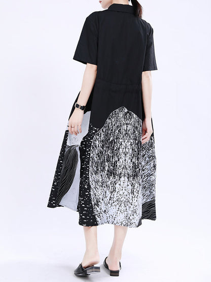 Loose Short Sleeves Contrast Color Drawstring Printed Tied Waist Lapel Midi Dresses Shirt Dress