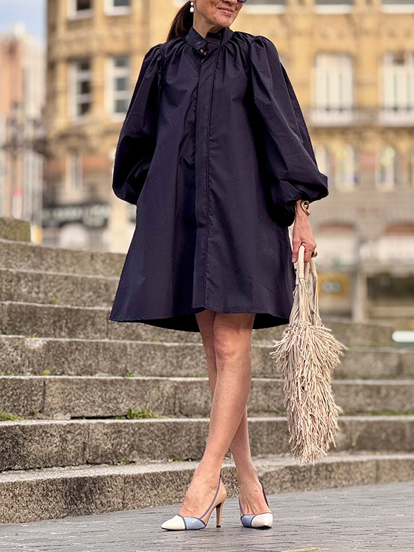 Puff Sleeves Pleated Split-Joint High Neck Mini Dresses Shirt Dress