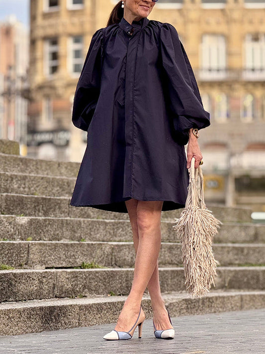 Puff Sleeves Pleated Split-Joint High Neck Mini Dresses Shirt Dress