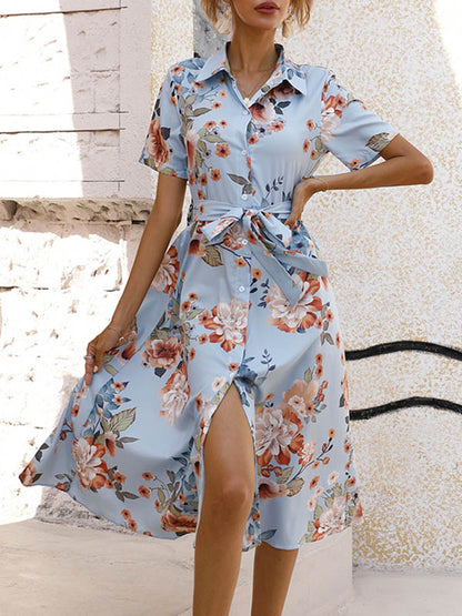 A-Line Loose Buttoned Flower Print Tied Waist Lapel Midi Dresses