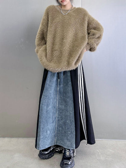 A-Linie Locker Kontrastfarbe Kordelzug Split-Joint Gestreifte Röcke Unterteile 