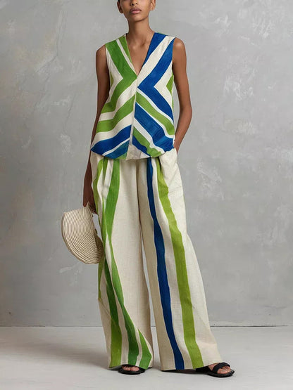 High Waisted Loose Contrast Color Pockets Striped Pants Trousers