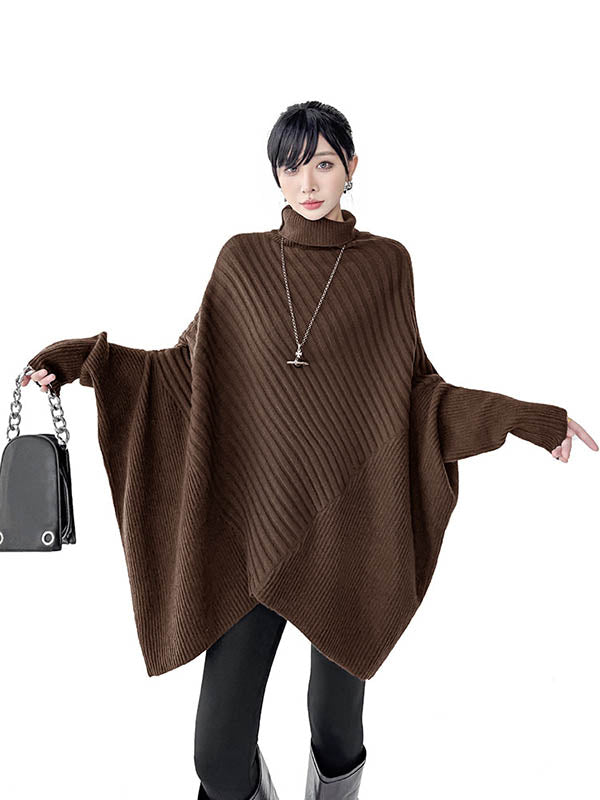 Batwing Sleeves Irregularity Asymmetric Ribbed Knit Solid Color Split-Joint High Neck Sweater Tops