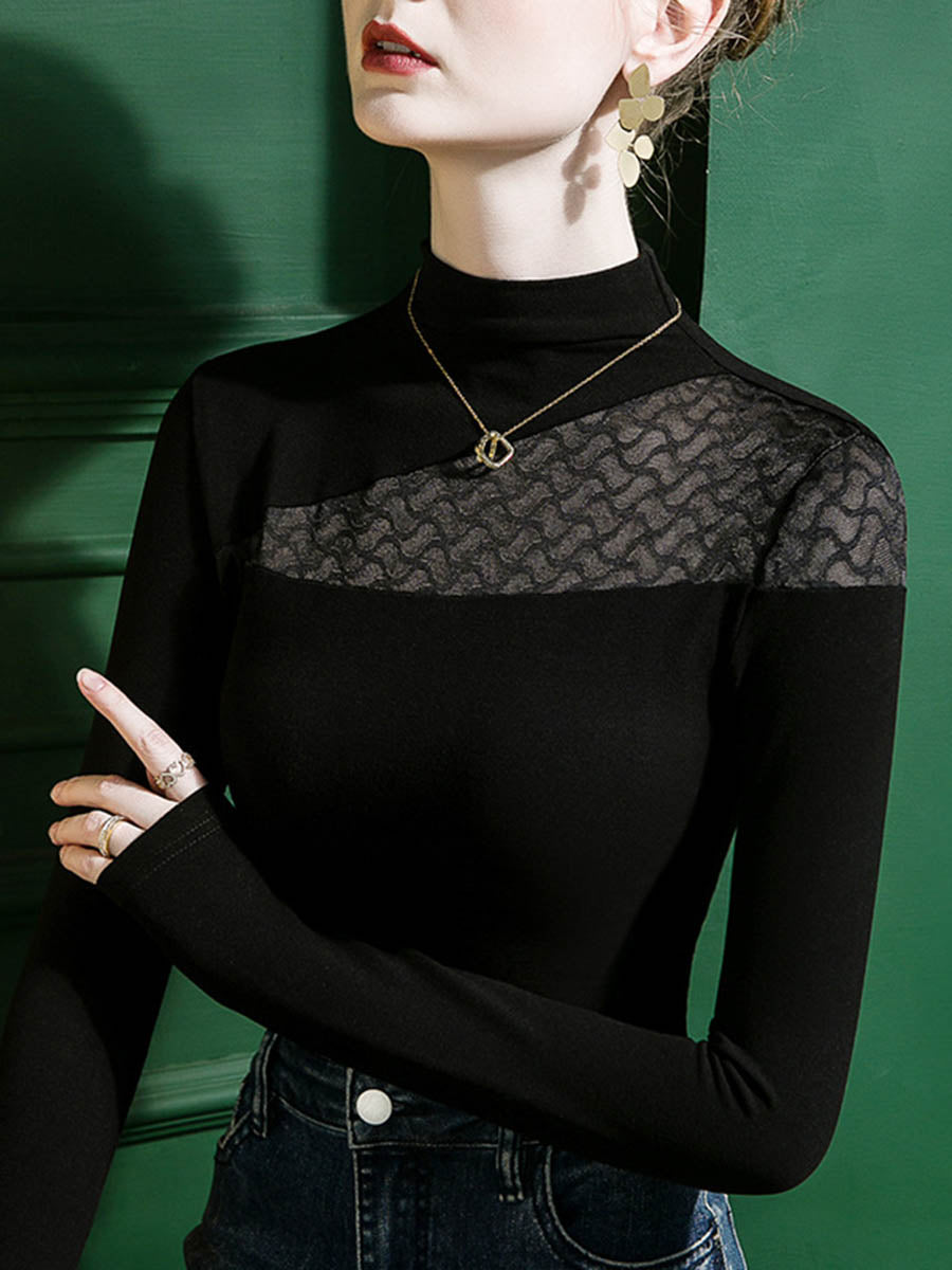 Split-Joint See-Through Skinny Leg Plus Size Mock Neck T-Shirts Tops