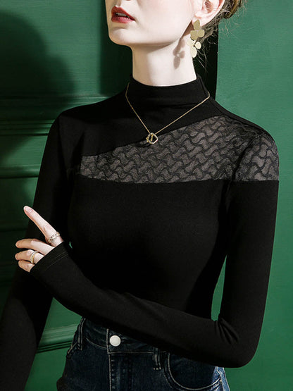 Split-Joint See-Through Skinny Leg Plus Size Mock Neck T-Shirts Tops