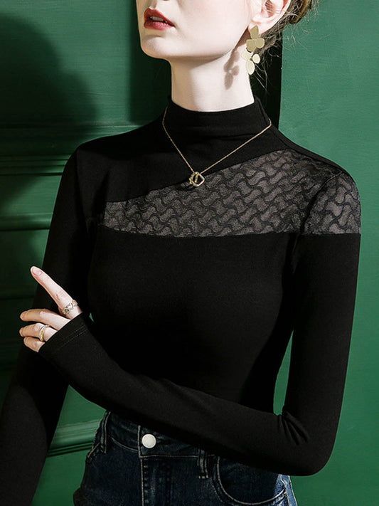 Split-Joint See-Through Skinny Leg Plus Size Mock Neck T-Shirts Tops