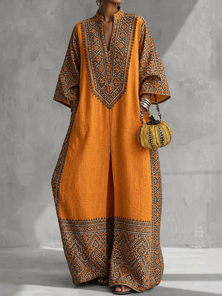 Printed Pockets Contrast Color Three-quarter Sleeves V-neck Jumpsuits