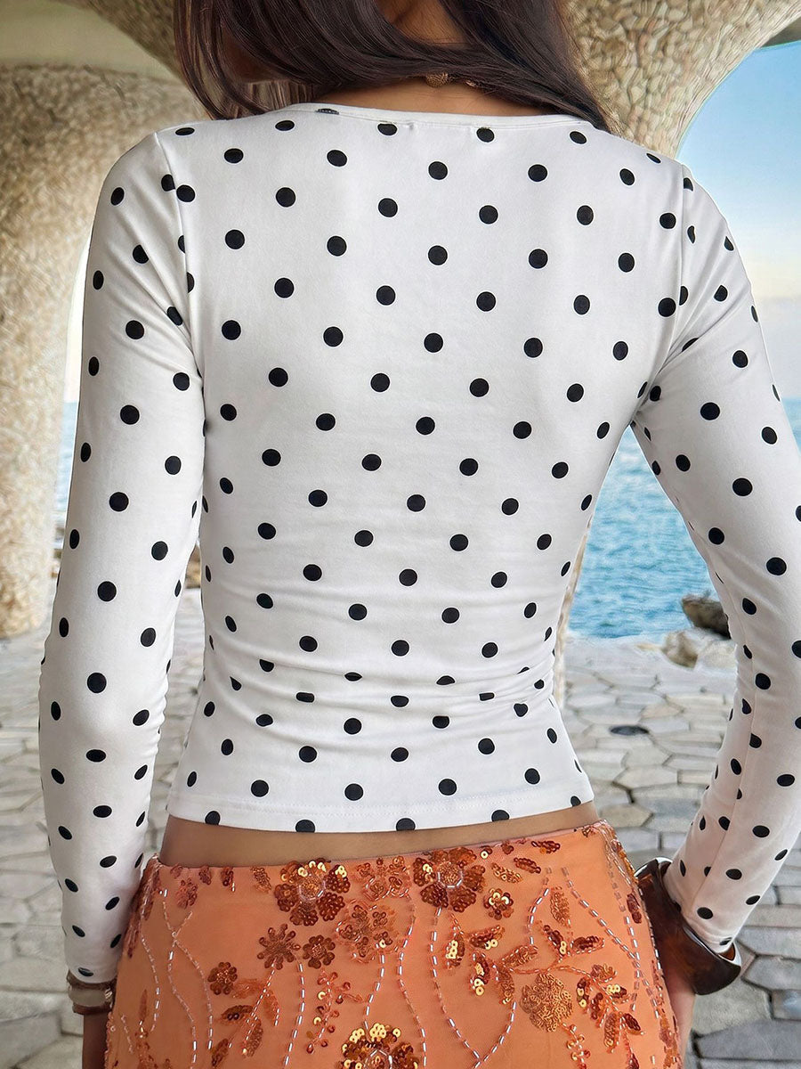 Polka-Dot Contrast Color Skinny Long Sleeves Square-neck T-Shirts Tops