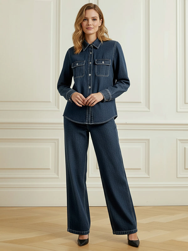 Loose Wide Leg Buttoned Pockets Solid Color Jean Pants Bottoms
