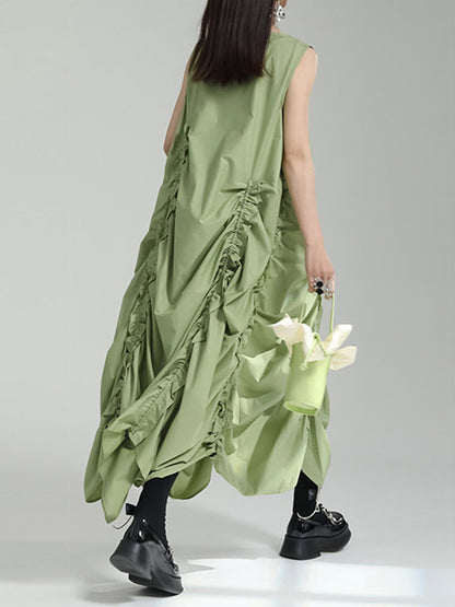 Robe mi-longue ample sans manches, asymétrique, élastique, plissée, couleur unie, col rond 