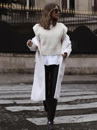 Casual Cap Sleeve Solid Color High-Neck Sweater Tops Pullovers